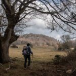 escursionista che cammina su un prato